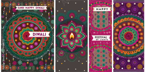 Vibrant diwali festival of lights greeting cards with intricate mandala patterns and glowing lamps