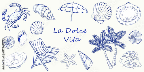 La dolce vita seaside elements collection featuring crab seashells palm trees and beach chair
