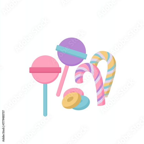 A colorful flat vector illustration of assorted candies and lollipops