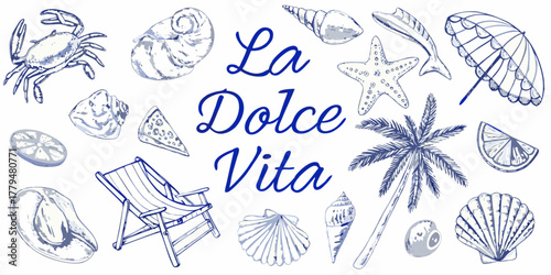 La dolce vita italian summer beach life illustration with seashells crab palm tree and lounge chair