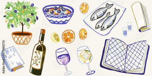 Artistic watercolor illustration of a still life with food drinks and books on a light background