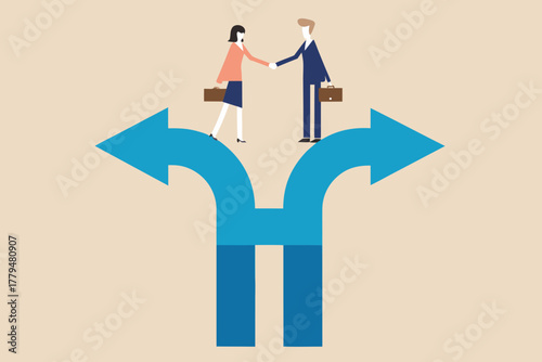 Business partners shaking hands at a crossroads making a decision about future direction