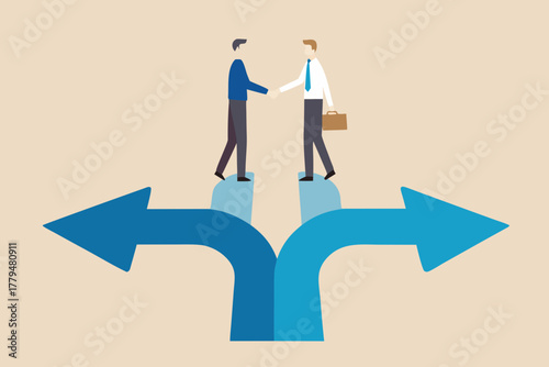 Two businessmen shaking hands at a crossroads representing a business decision or partnership agreement