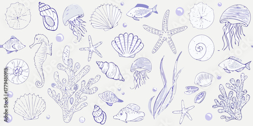 Hand drawn collection of marine life and seashells in a whimsical doodle style with purple outlines
