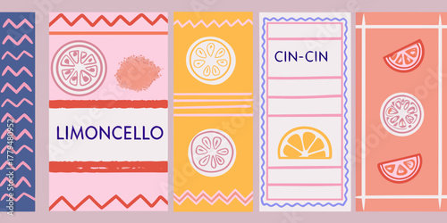 Colorful abstract illustration of limoncello drink with citrus slices and playful patterns