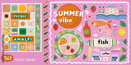 Vibrant italian summer picnic and amalfi coast vacation illustration with food and scenery