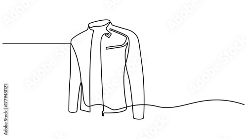 Jacket in continuous line art drawing style. Men's clothing garment black linear design isolated on white background. Jacket continuous one line drawing. Vector illustration. Editable Stroke.
