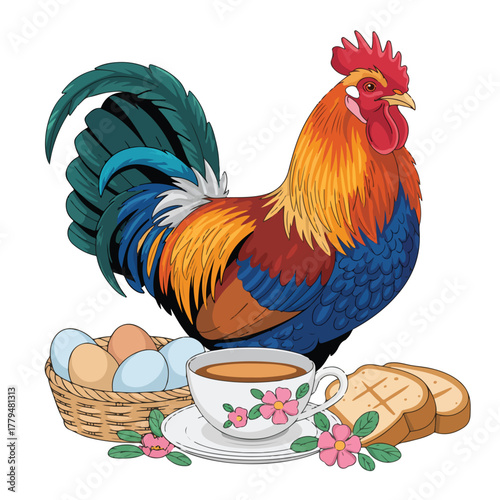 rooster and hen on a farm illustration