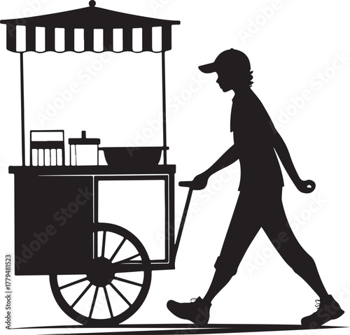 Street vendor pushing cart silhouette cartoon illustration, symbolic service and expressive gesture artwork for lifestyle and urban design