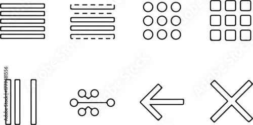 Set of basic interface and symbol icons Keywords: lines, dashed lines, circles, squares, vertical