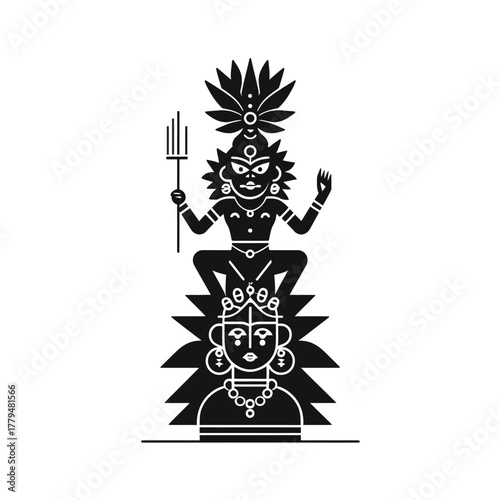 Stylized illustration of mythological figure in black and white silhouette