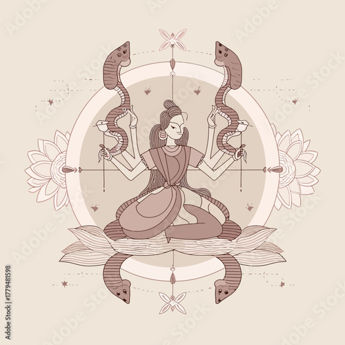 Stylized illustration of a divine figure with cobras in a geometric composition