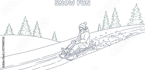 Person enjoying winter fun sledding down a snowy hill on a bright winter day