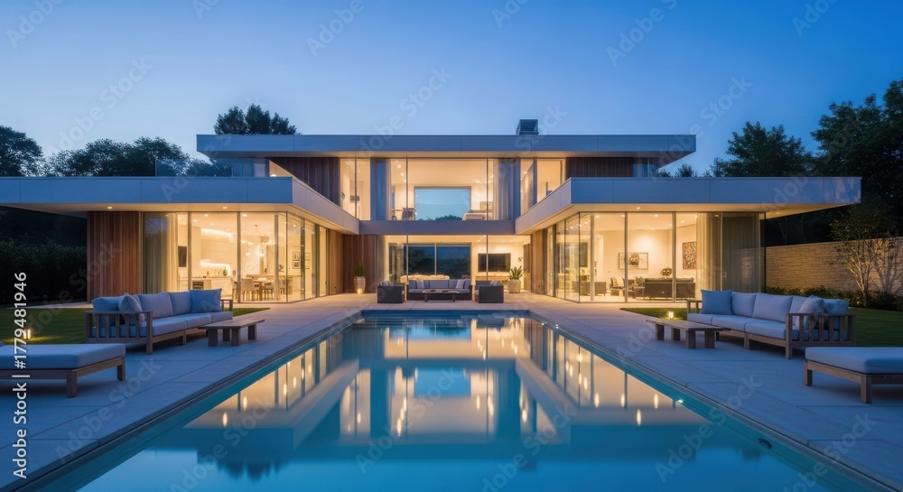 Fototapeta premium Modern luxury mansion with swimming pool and outdoor seating area illuminated at dusk