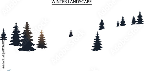 Serene winter landscape with snow covered hills and evergreen trees in silhouette
