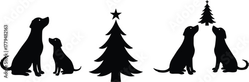 Christmas tree silhouette, holiday dog illustration, festive pet design, winter celebration vector, seasonal decoration artwork, animal companion graphic, star pine fir spruce