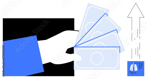 Hand holding fanned-out money bills with rising arrow indicating growth, success, or investment return. Ideal for business, finance, profit, economy, wealth fundraising entrepreneurship. A simple