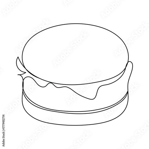 
Continuous one line drawing of burger. Fast food hamburger made of one continuous line, vector. One line drawing illustration of hamburger. Junk food, fast food concept single line.