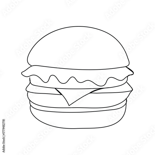 
Continuous one line drawing of burger. Fast food hamburger made of one continuous line, vector. One line drawing illustration of hamburger. Junk food, fast food concept single line.