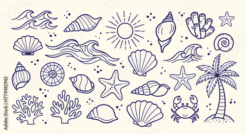 Hand drawn summer beach doodles featuring seashells, waves, sun, and palm tree