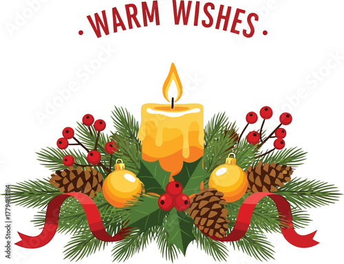 Festive christmas candle with pine cones and ornaments for holiday greetings