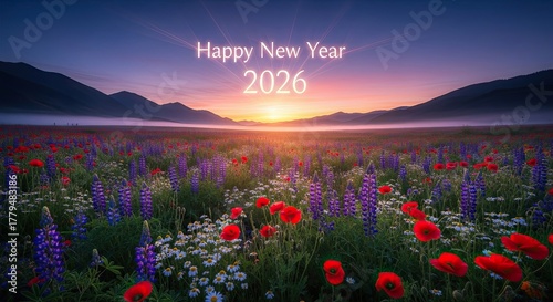 Beautiful Floral Meadow Sunrise Happy New Year 2026