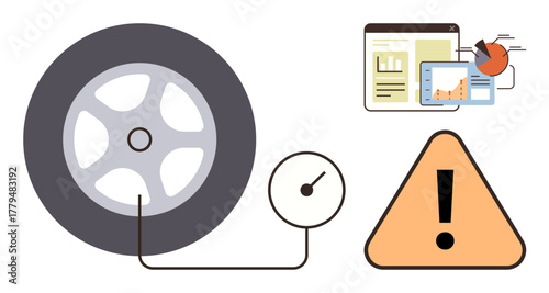 Car tire connected to a pressure gauge, digital analytics on screens, and warning alert triangle. Ideal for maintenance, safety, diagnostics, efficiency, technology alerts vehicle management. A