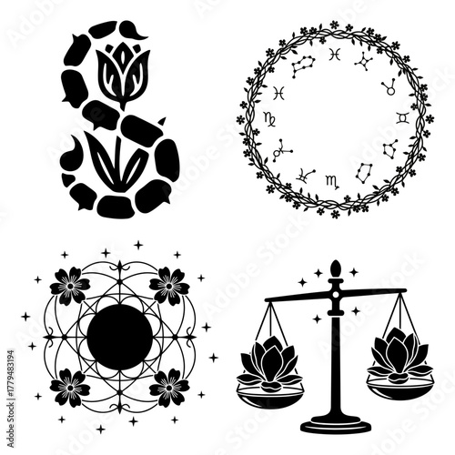 Four unique zodiac emblems, each with a distinct design