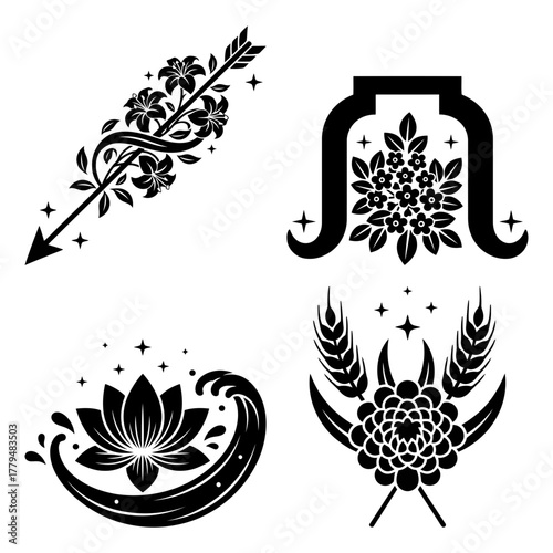 Four black and white floral emblems are displayed here