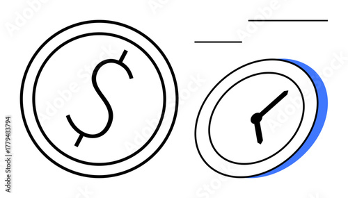 Two simplistic designs featuring a dollar sign within a circular coin and a clock representing time. Ideal for finance, business, time management, investment, savings, productivity, and efficiency