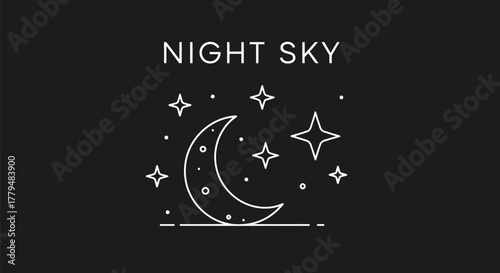 Minimalist night sky illustration with crescent moon and twinkling stars design