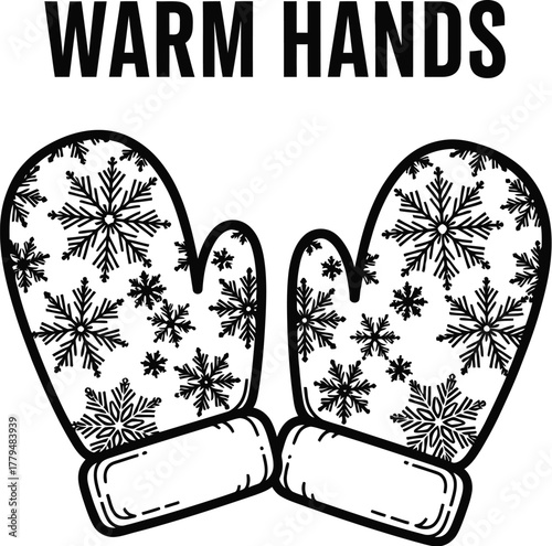 Black and white illustration of winter mittens with snowflakes for warm hands