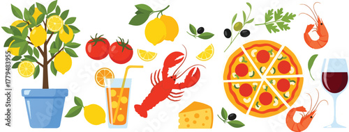 Italian food and ingredients arranged in a seamless pattern, showcasing mediterranean cuisine