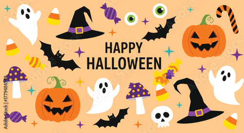 Happy halloween set with spooky elements on orange background for holiday celebration and party designs