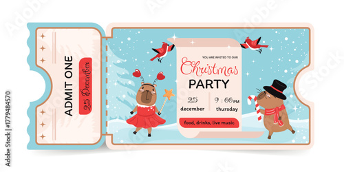 Ticket to a Christmas party with funny capybaras. Admit one. Vector design. 