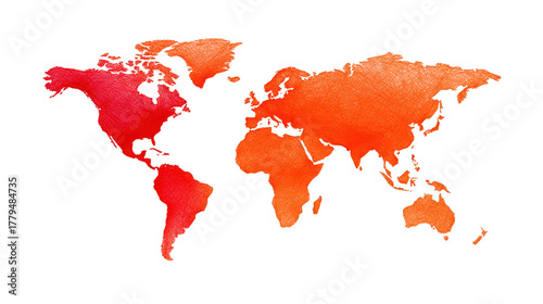 Watercolor world map red and orange gradient textured artistic creative global continents abstract modern decorative isolated on transparent background