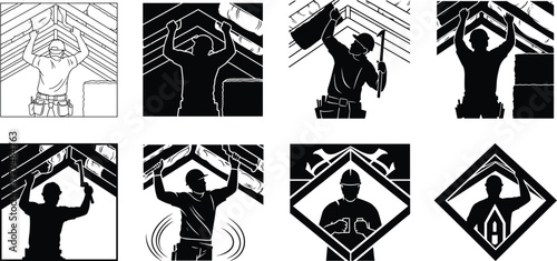 Attic worker illustration, roof construction poses, insulation installation, handyman in attic, vector character, home repair, renovation, roofing job, contractor