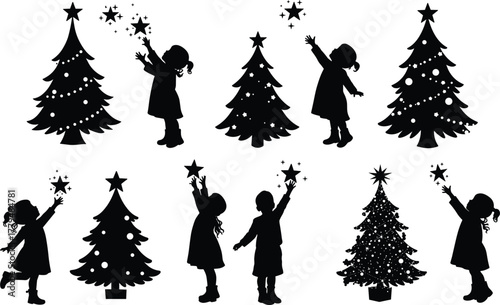 Christmas tree silhouettes, children reaching stars, festive holiday celebration, winter season artwork, decorative ornament design, magical festive vector, seasonal illustration 