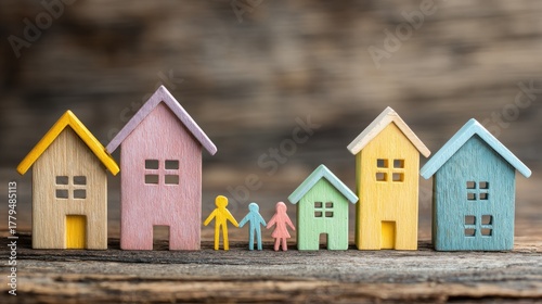 A family of five people standing in front of a row of colorful houses.