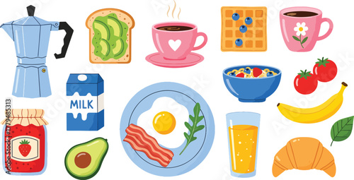 Breakfast food with egg, bacon, waffle, toast, coffee, juice, milk, and croissant