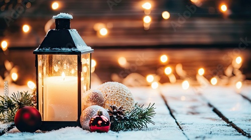 Warm candlelight illuminates a snowy winter scene with festive decorations and twinkling lights