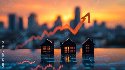Rising Real Estate Market: Three Miniature Houses with Upward Trending Arrow Against a Cityscape at Sunset, Representing Property Value Growth