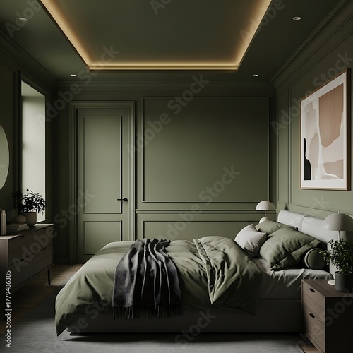Elegant bedroom in green tones with modern lighting and minimalist decor