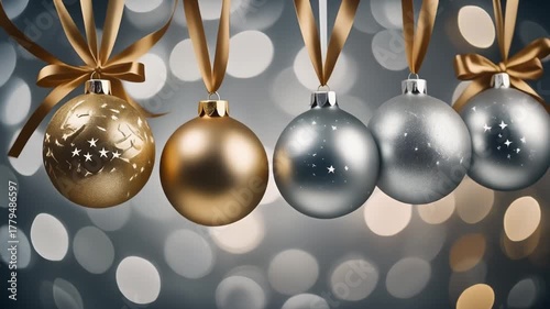 Elegant Gold and Silver Christmas Ornaments on Festive Bokeh Background