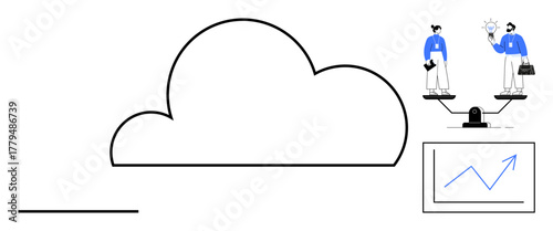 Cloud dominating center, two professionals on a scale balancing lightbulb and briefcase, connected chart. Ideal for technology, teamwork, business planning, innovation, data optimization, balance