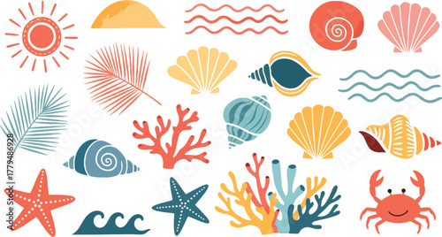 Coastal charm with seashells, starfish, and ocean waves, a beachy illustration