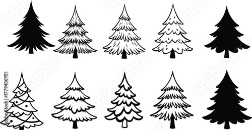 Evergreen tree silhouettes collection, decorated and plain pine trees, winter holiday vector illustration, Christmas forest design, festive nature graphic art