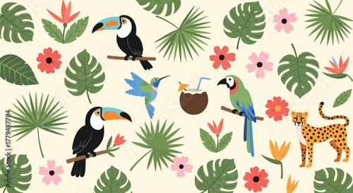 Tropical paradise pattern featuring toucans, hummingbirds, leopard, and exotic flowers on a light background