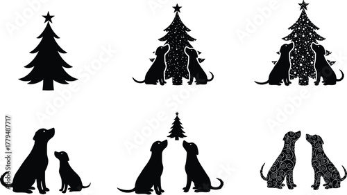 Dogs with Christmas tree silhouettes, festive holiday pet vector illustration, winter season design, decorative evergreen art, cad drawing flat vector illustration