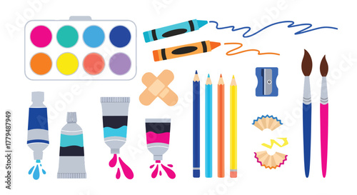 Art supplies set with paint, brush, crayon, pencil, sharpener, eraser, bandage